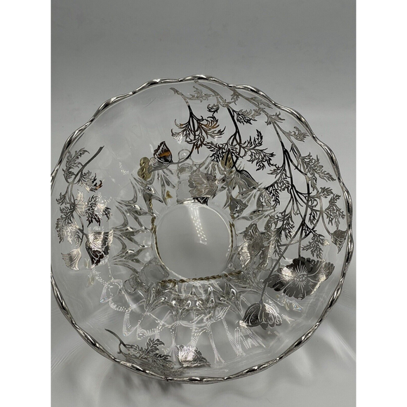 Vtg Art Deco Clear Glass Centerpiece Fruit Footed Bowl Silver Floral Accents MCM - Picture 1 of 9